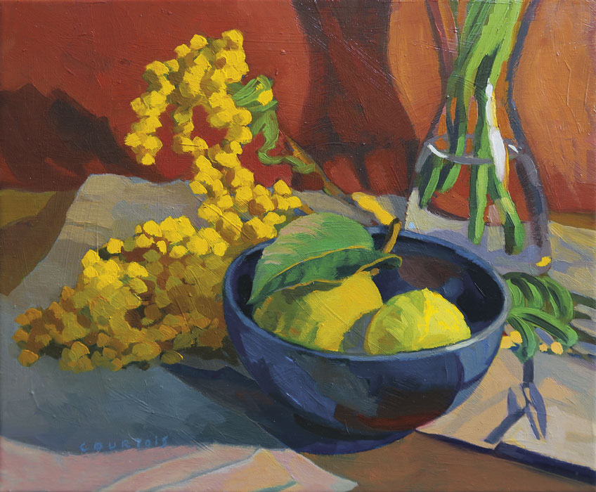 Bouquet de fleurs dans un vase sur une table. Peinture à l'huile.
