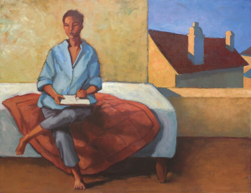 Divan et fenêtre femme assise sur un divan blanc avec une couverture rouge