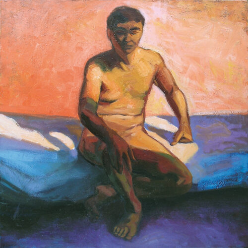 Homme jaune Nu masculin homme assis sur un divan avec forts contrastes