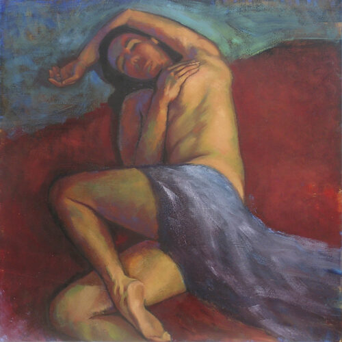 Nu rouge nu féminin allongé avec drapé sur fond rouge sombre