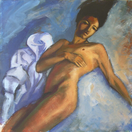 Nu fond bleu drapé femme nue couchée avec drapé blanc intimité
