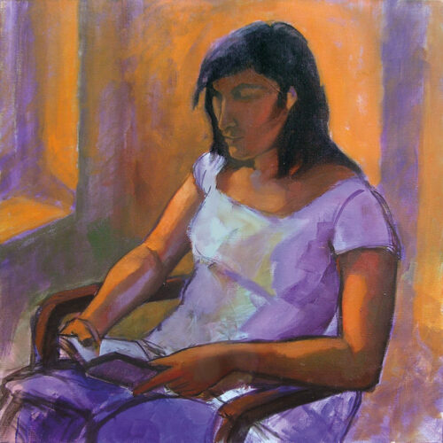 Clémentine lisant jeune fille lisant peinture fond orange, lumière violette