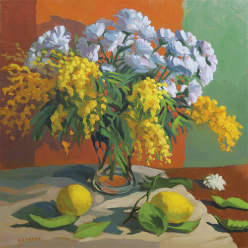 Bouquet de fleurs blanches et mimosa Peinture bouquet de fleurs blanches et mimosa