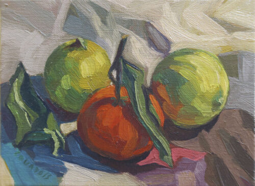 Trois petits fruits Peinture à l'huile une clémentine et deux citrons verts